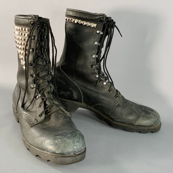 RO SEARCH Vintage Size 11 Black Silver Studded Leather Lace-Up Military Boots - Picture 1 of 7